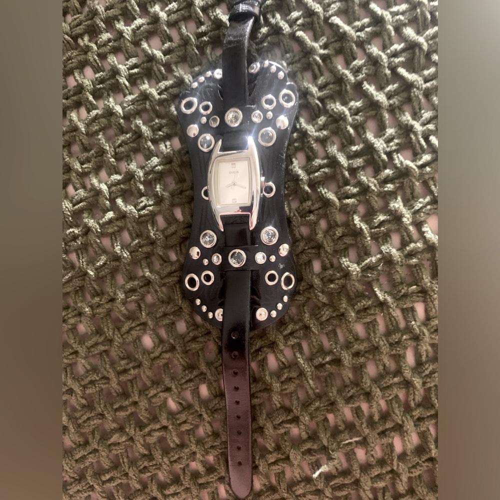 GUESS Ladies Black Leather band w/rhinestones watch